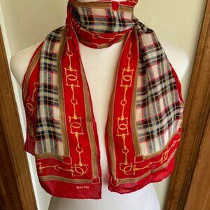 SACHA Vintage Equestrian Stirrup Tartan Plaid Skinny Oblong Scarf